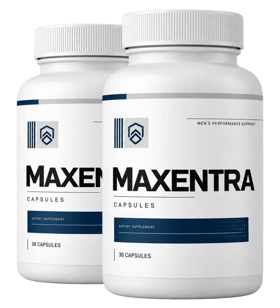 Two bottles of Maxentra Men’s Performance Support capsules